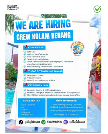 Lowongan Kerja Gading Splash Waterpark (Crew Kolam Renang)