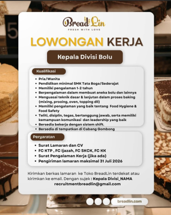 Lowongan Kerja BreadLin (Kepala Divisi Bolu, QC Produksi,Helper Produksi Kue Kering)
