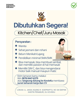 Lowongan Kerja KOVIEKU (Kitchen/Chef/Juru Masak)