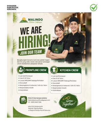 Lowongan Kerja Malindo Kuliner Indonesia (Frontline Crew dan Kitchen Crew)