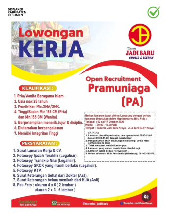 Lowongan Kerja Toserba Jadi Baru (Pramuniaga) di Kroya, Cilacap